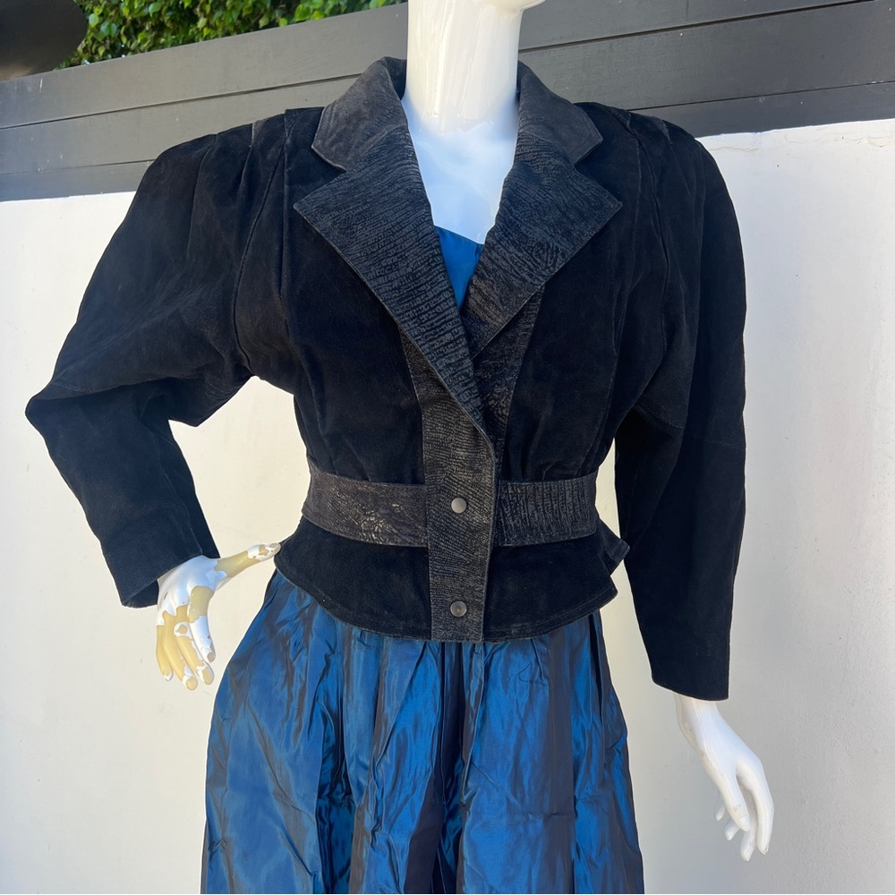 80s Patterned Black Layered Shoulder Leather Jack… - image 2